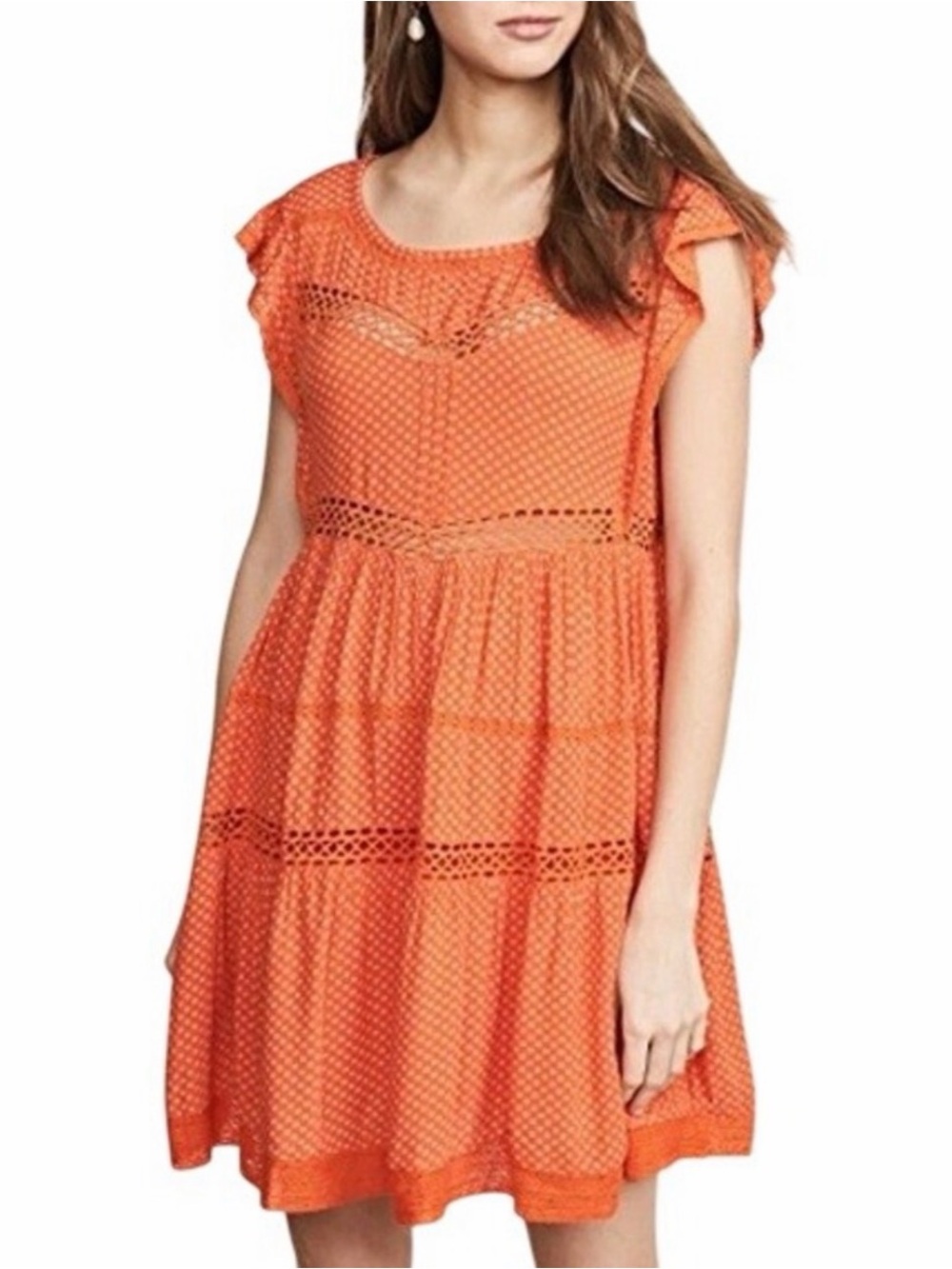 Free People Orange Crochet Mini Dress with Flutter Sleeves